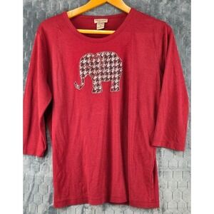 Isaac's Designs Casuals Women's Size 1XL Red Elephant Bedazzled 3/4 Sleeve Shirt